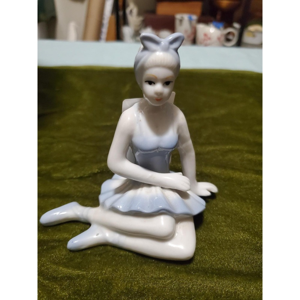 Vintage Ballerina Figurine Ceramic Girl Dancer Blue White Collectible Decor